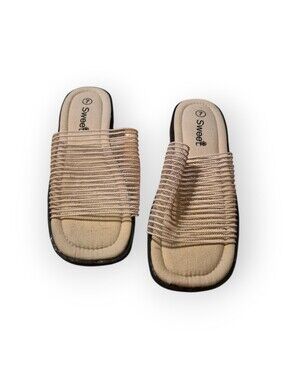 Sweet Brand Metallic Threded Single Strap Slip-On Women's Beige Slide Sandals